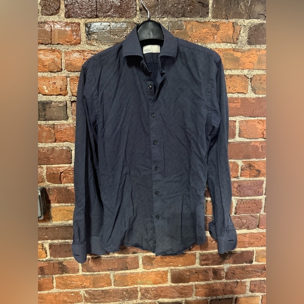 Nordstrom Navy Blue with White Polka Dots Casual Button Down Long Sleeve Shirt
